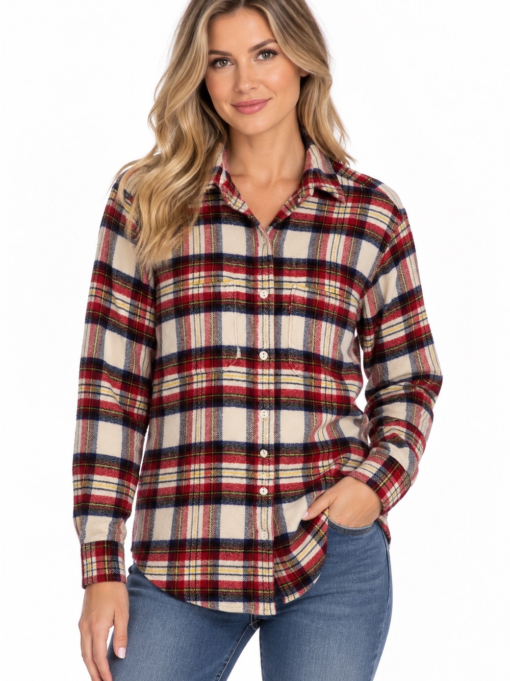 Women's Plaid Button-Down Shirt in Cream & Red
